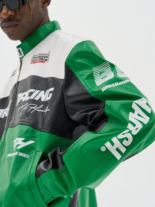 Harsh and Cruel Colorful Lapel F1 Racing Suit Faux Leather Jacket - Close-up view of the colorful lapel design on the faux leather jacket.