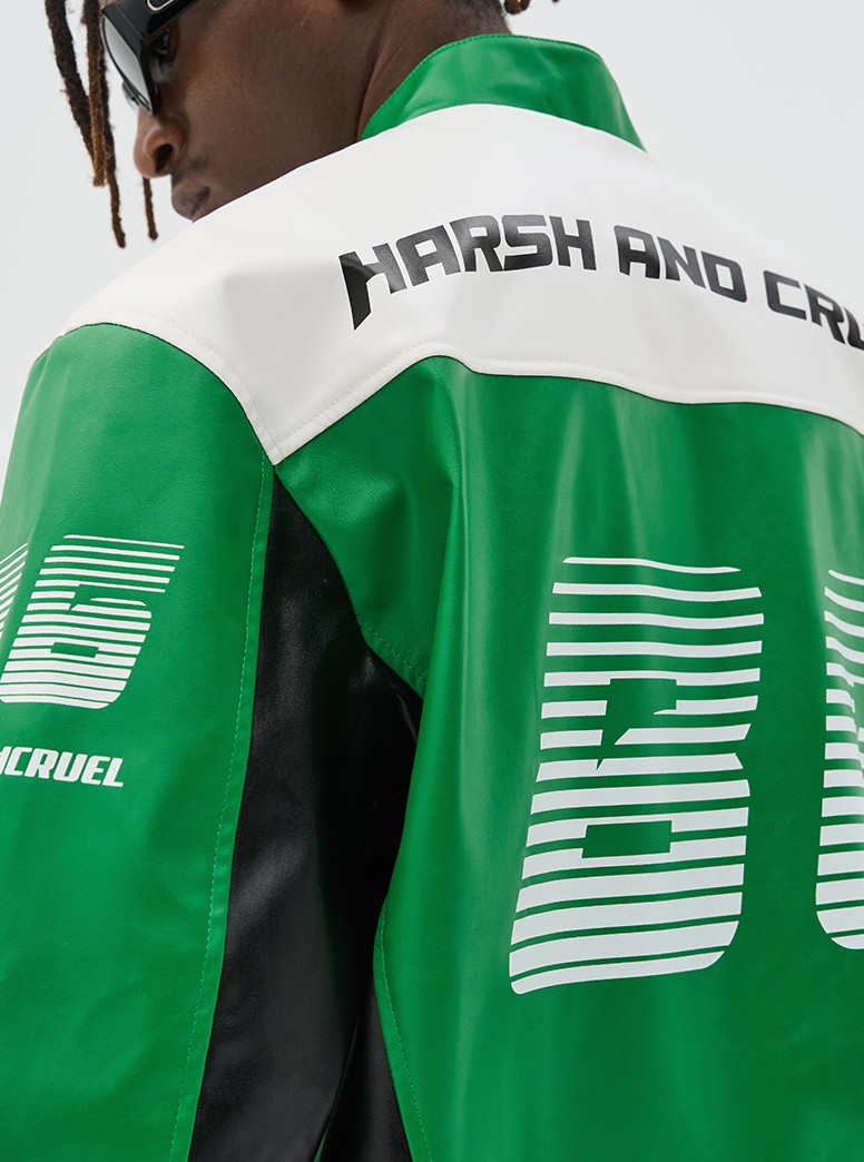 Harsh and Cruel Colorful Lapel F1 Racing Suit Faux Leather Jacket - Close-up view of the colorful lapel design on the faux leather jacket.