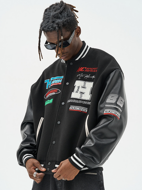 Harsh and Cruel Racing Elements Typography Varsity Jacket