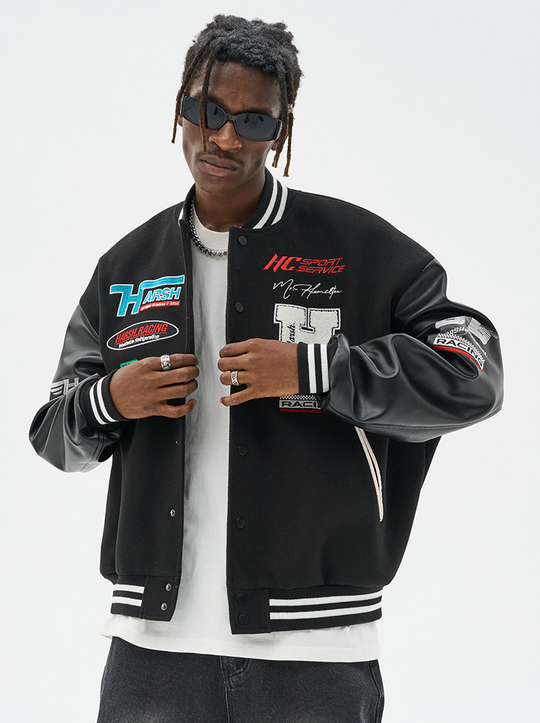 Harsh and Cruel Racing Elements Typography Varsity Jacket
