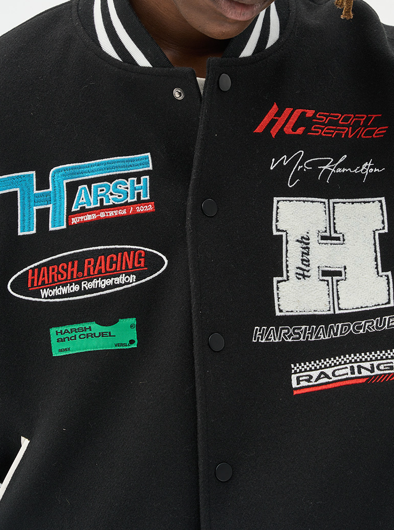 Harsh and Cruel Racing Elements Typography Varsity Jacket