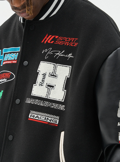Harsh and Cruel Racing Elements Typography Varsity Jacket