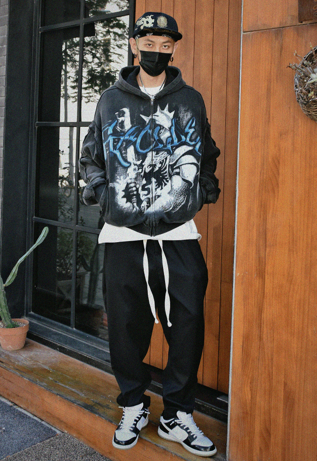 F2CE Vintage Retro Edge Print Zipper Hoodie