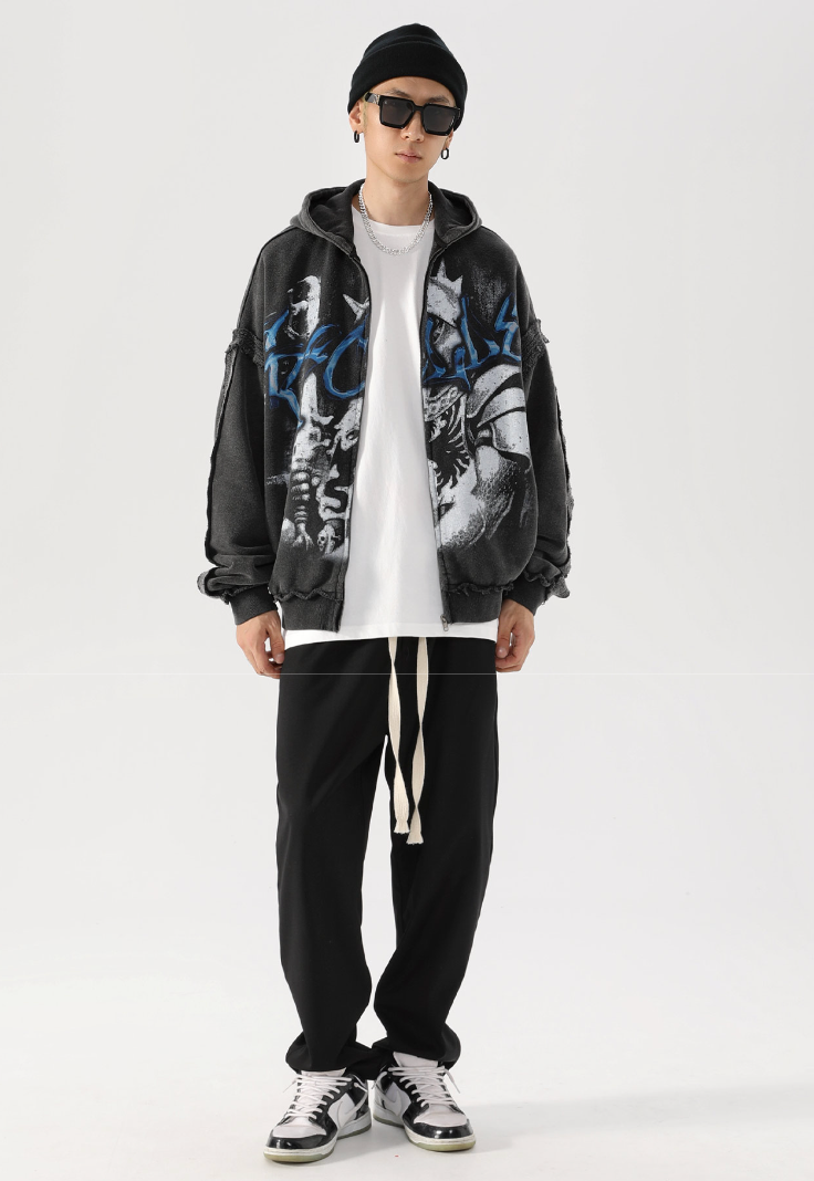F2CE Vintage Retro Edge Print Zipper Hoodie