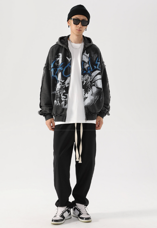F2CE Vintage Retro Edge Print Zipper Hoodie