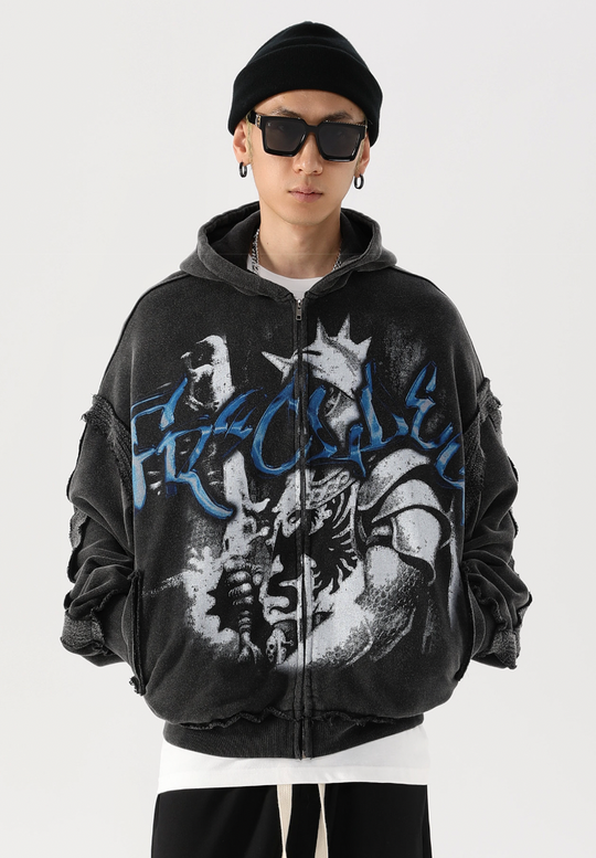 F2CE Vintage Retro Edge Print Zipper Hoodie