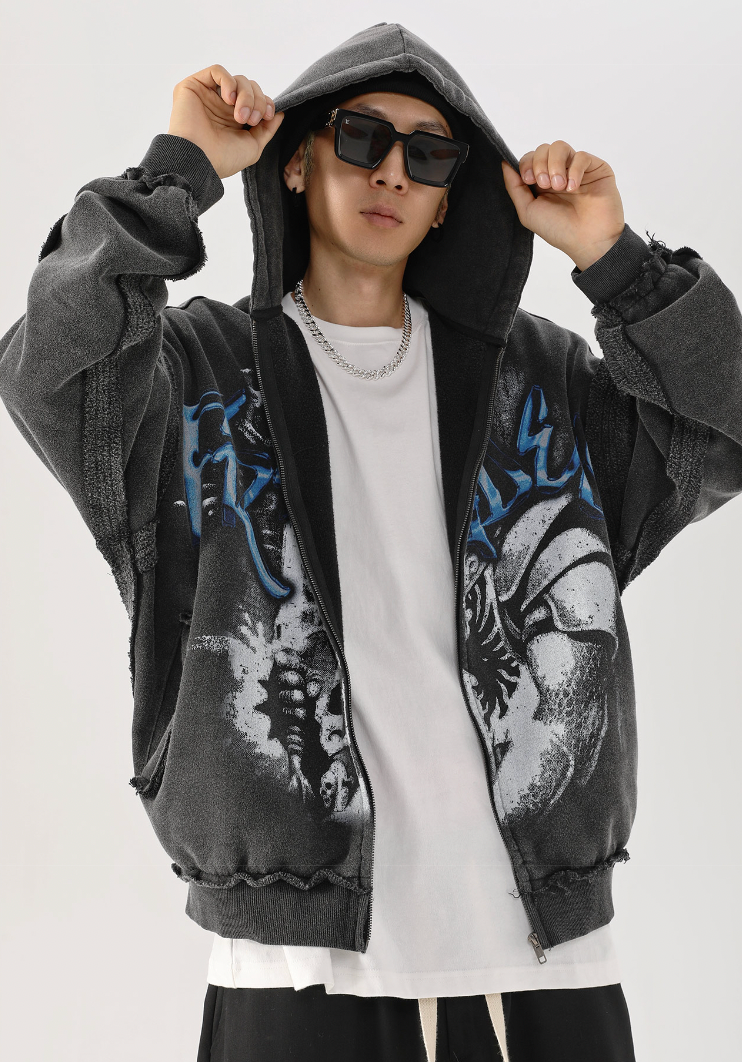 F2CE Vintage Retro Edge Print Zipper Hoodie
