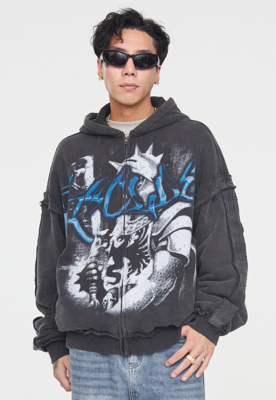 F2CE Vintage Retro Edge Print Zipper Hoodie