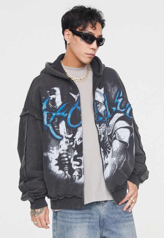 F2CE Vintage Retro Edge Print Zipper Hoodie