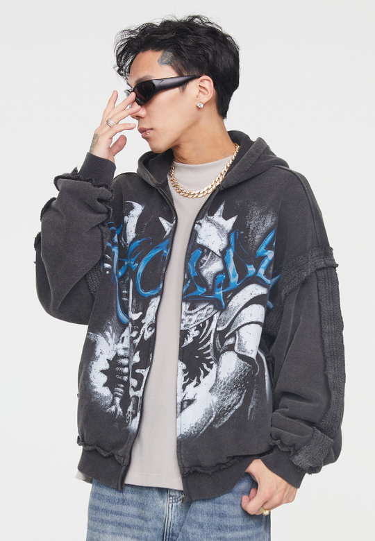 F2CE Vintage Retro Edge Print Zipper Hoodie