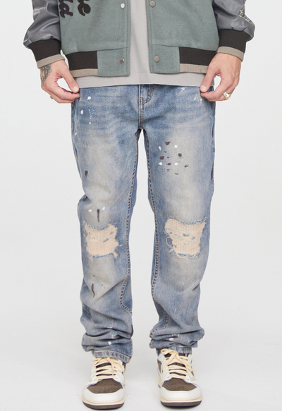 F2CE Damage Washed Ink Splash Denim Jeans