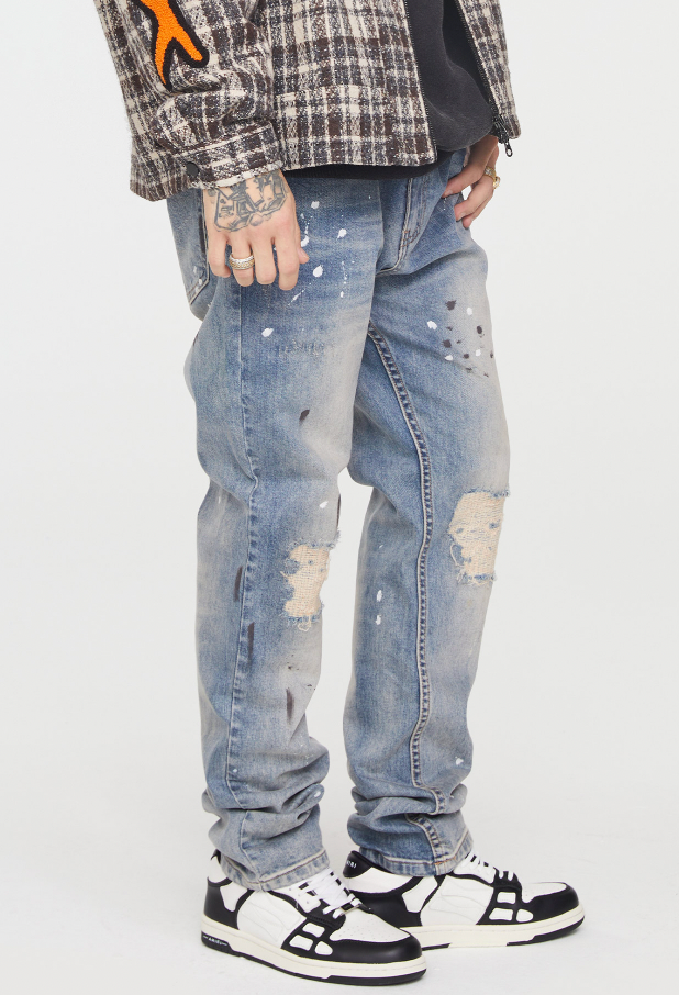 F2CE Damage Washed Ink Splash Denim Jeans