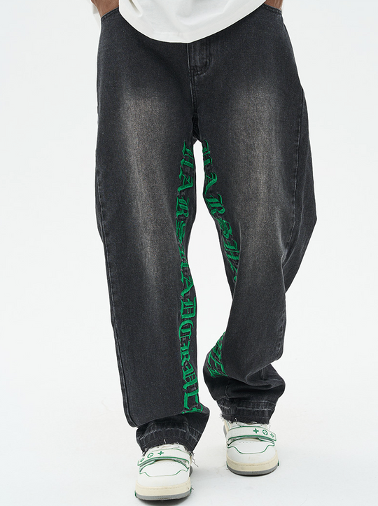 Harsh and Cruel Embroidered Logo Loose Washed Denim