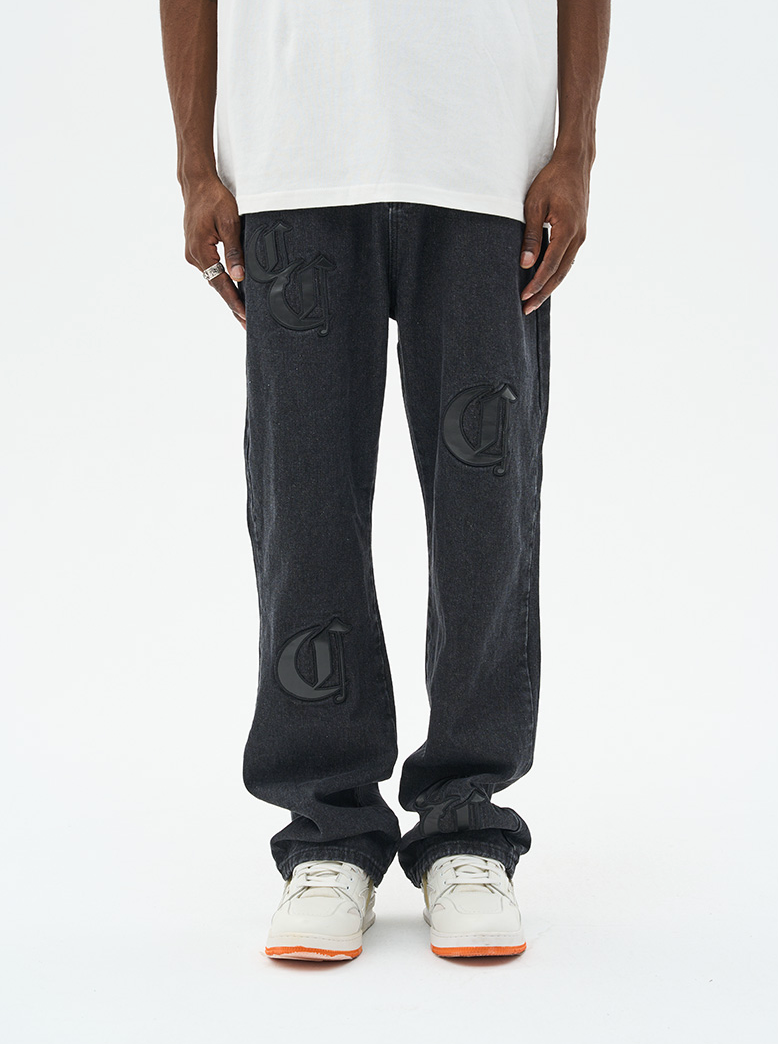 Harsh and Cruel Leather Embroidered Logo Denim