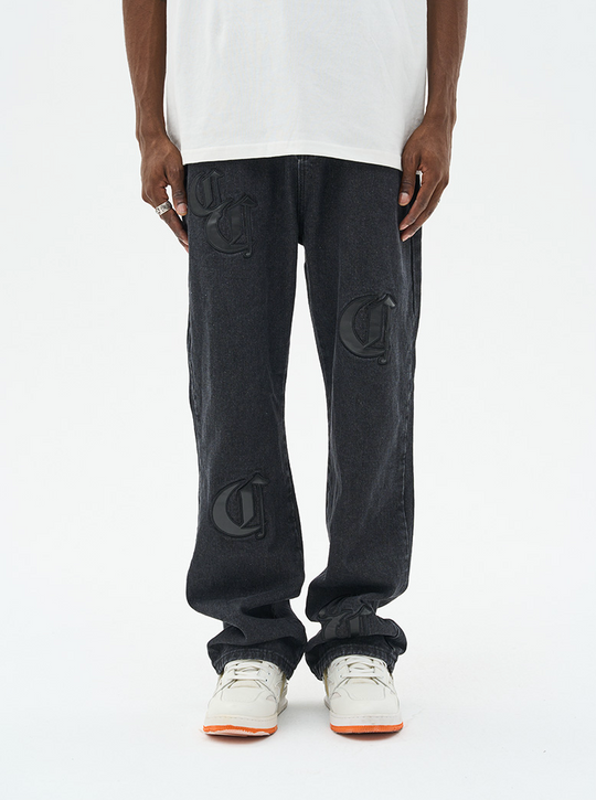 Harsh and Cruel Leather Embroidered Logo Denim