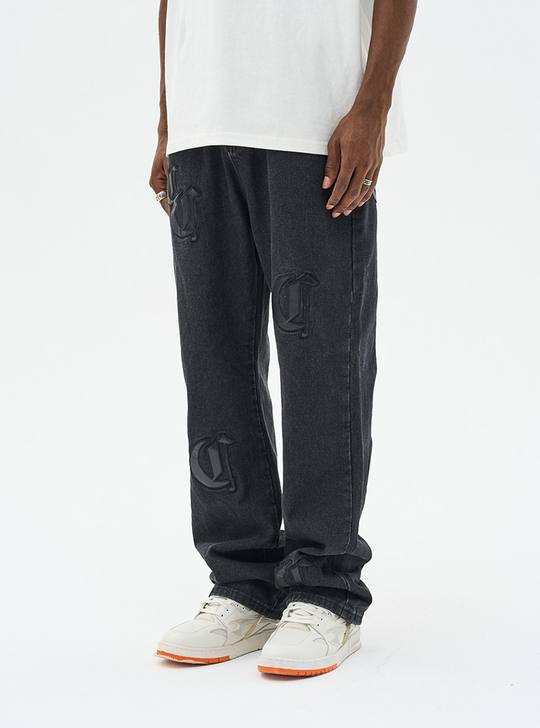 Harsh and Cruel Leather Embroidered Logo Denim