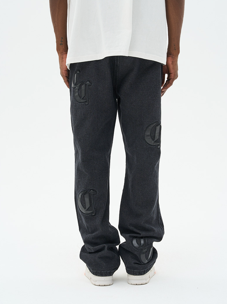 Harsh and Cruel Leather Embroidered Logo Denim