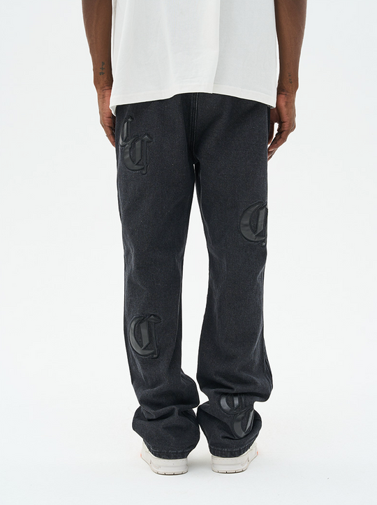 Harsh and Cruel Leather Embroidered Logo Denim