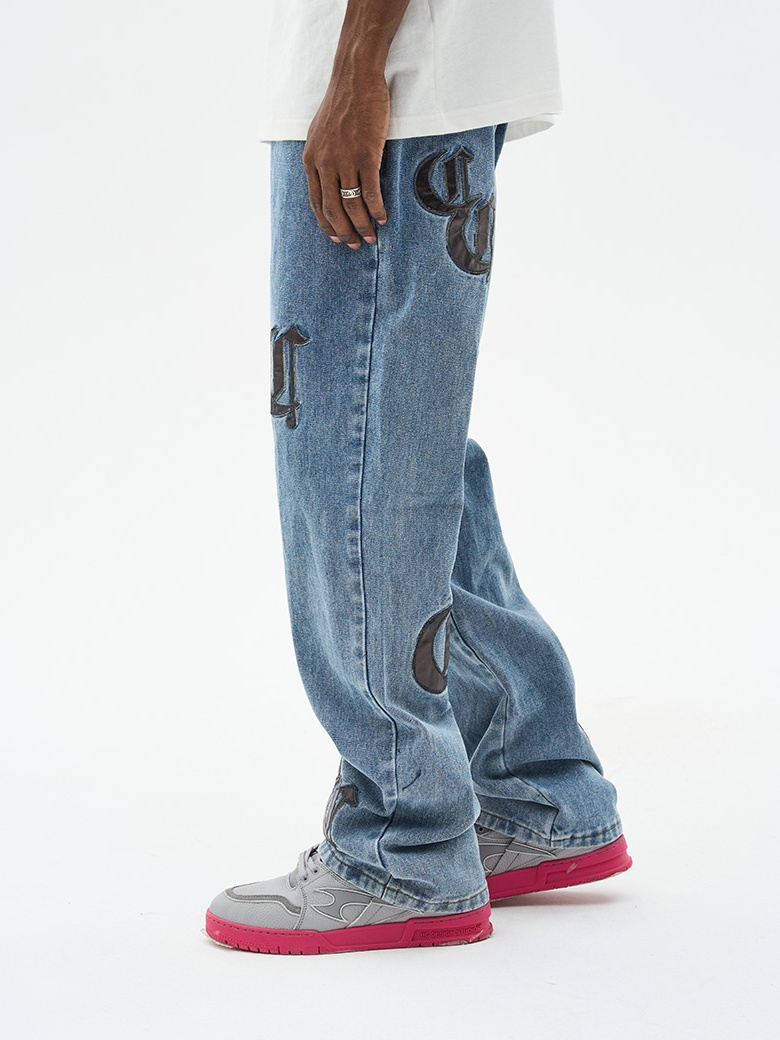 Harsh and Cruel Leather Embroidered Logo Denim