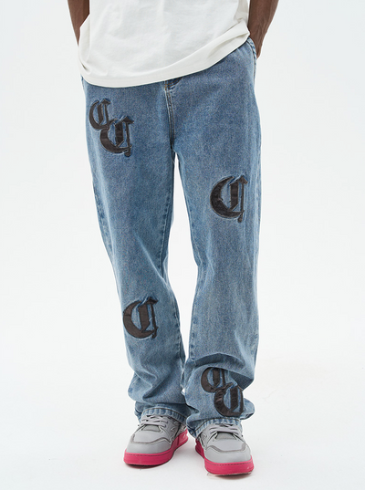 Harsh and Cruel Leather Embroidered Logo Denim