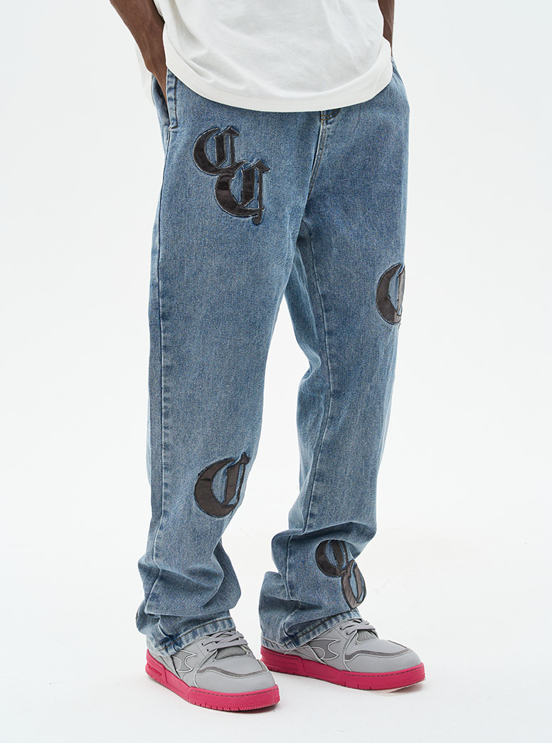 Harsh and Cruel Leather Embroidered Logo Denim