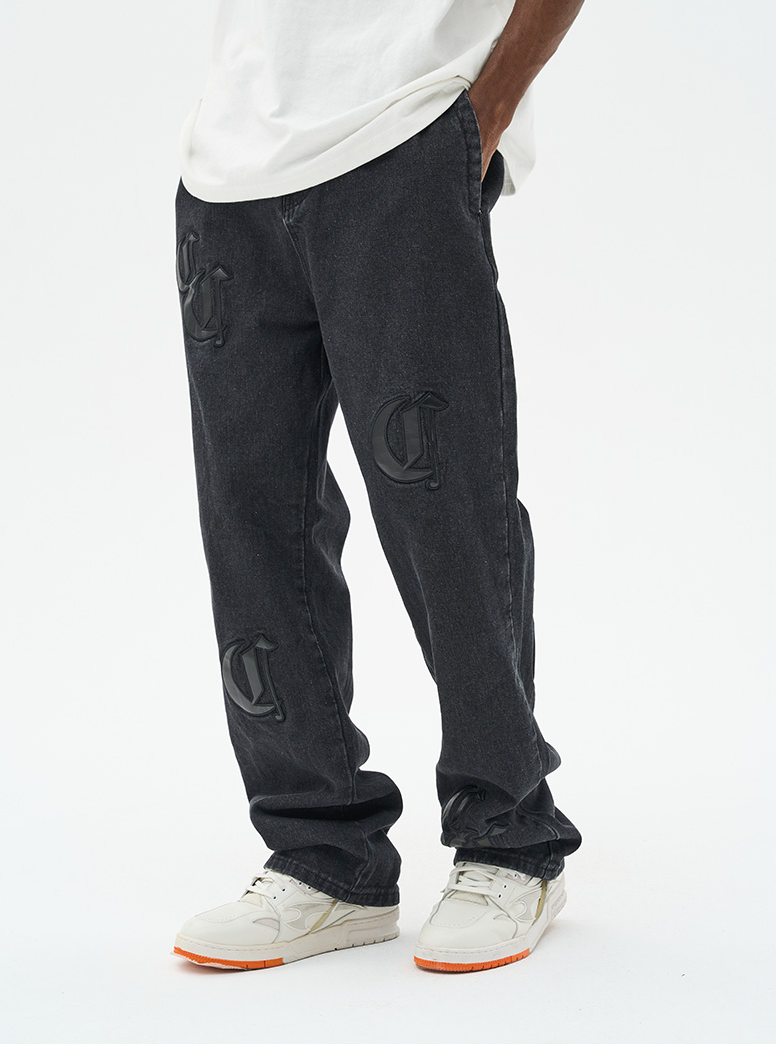 Harsh and Cruel Leather Embroidered Logo Denim