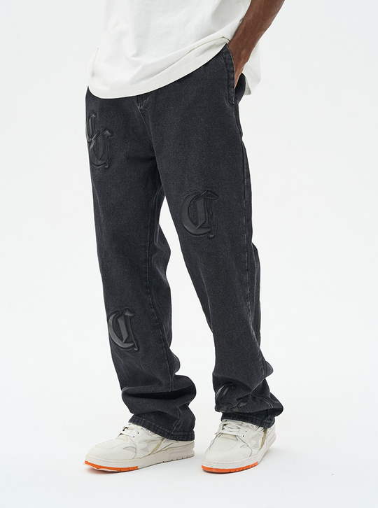 Harsh and Cruel Leather Embroidered Logo Denim