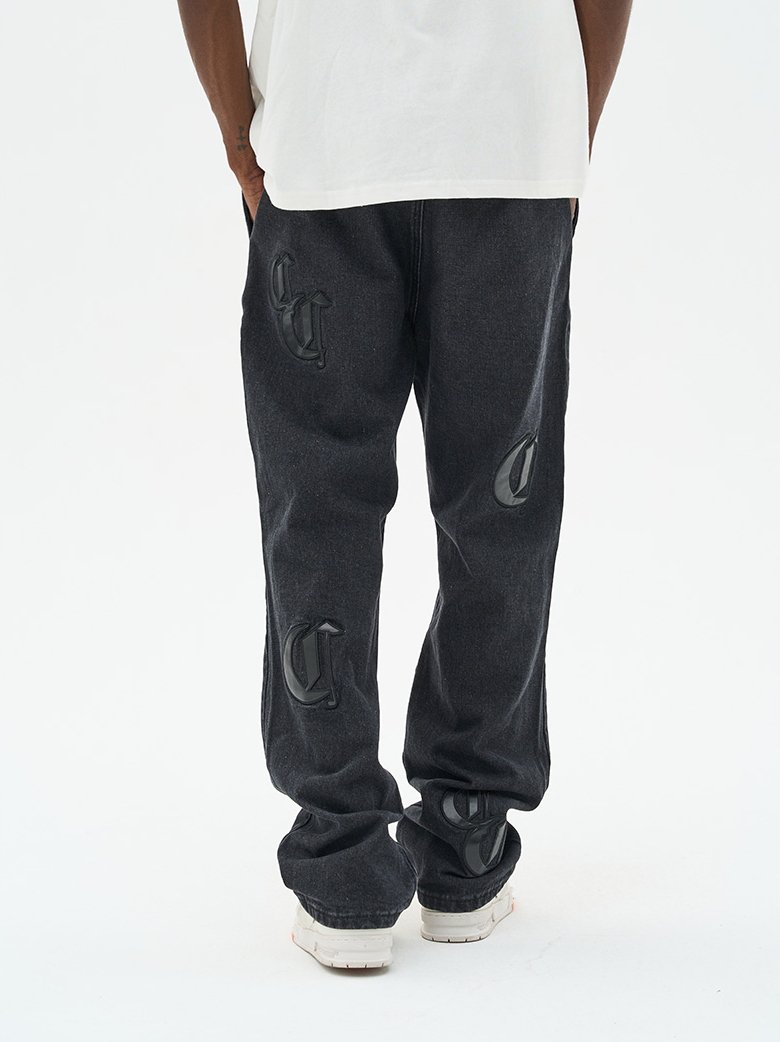 Harsh and Cruel Leather Embroidered Logo Denim