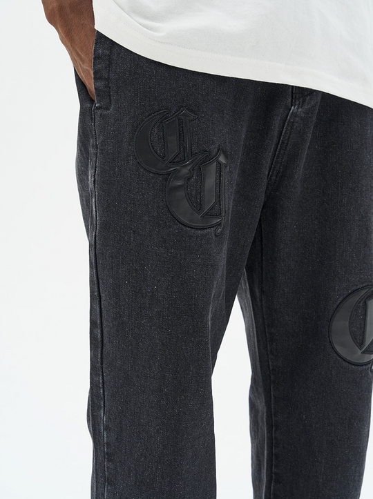 Harsh and Cruel Leather Embroidered Logo Denim