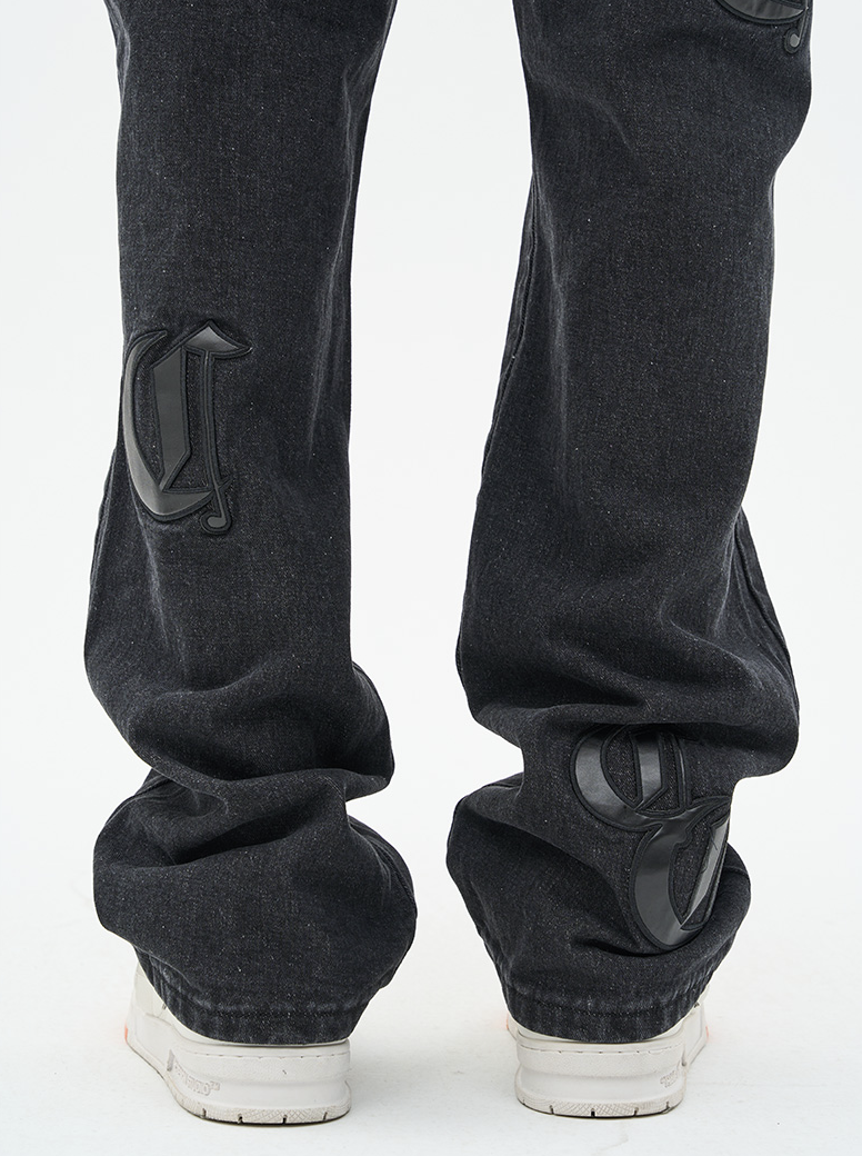 Harsh and Cruel Leather Embroidered Logo Denim