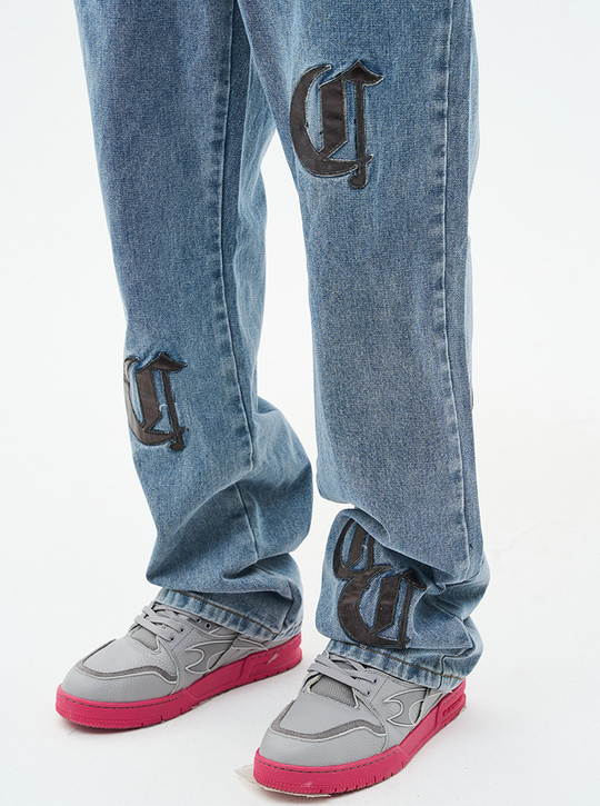 Harsh and Cruel Leather Embroidered Logo Denim