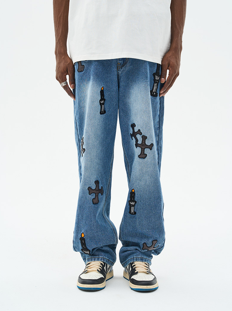 Harsh and Cruel Religious Candles Embroidered Denim