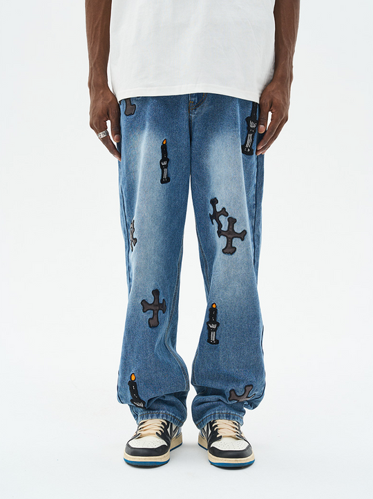 Harsh and Cruel Religious Candles Embroidered Denim