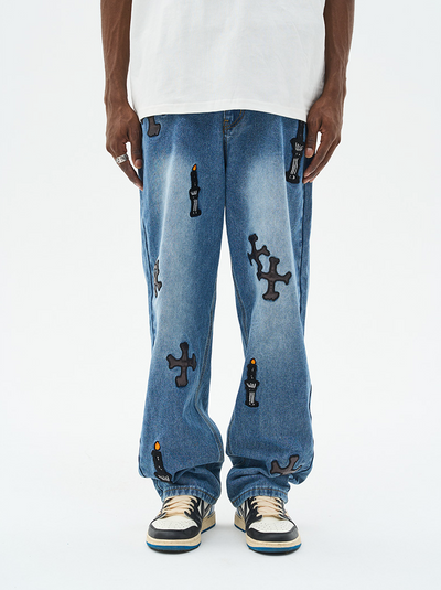 Harsh and Cruel Religious Candles Embroidered Denim