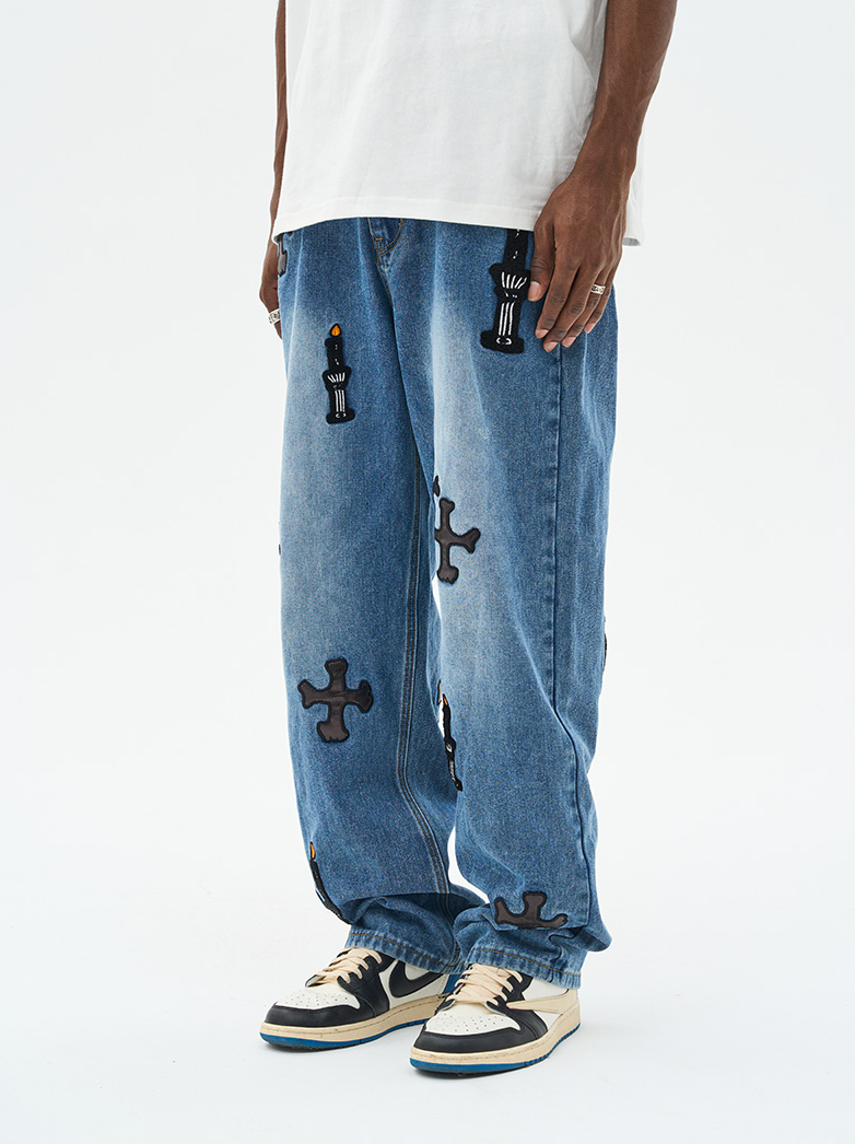 Harsh and Cruel Religious Candles Embroidered Denim