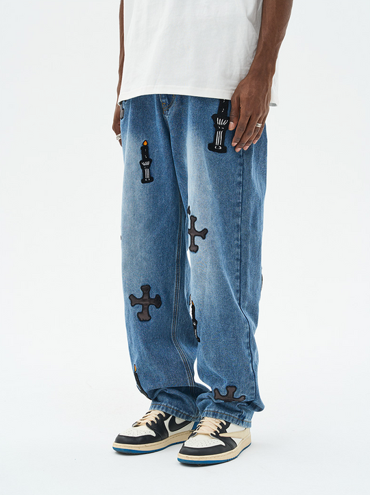 Harsh and Cruel Religious Candles Embroidered Denim