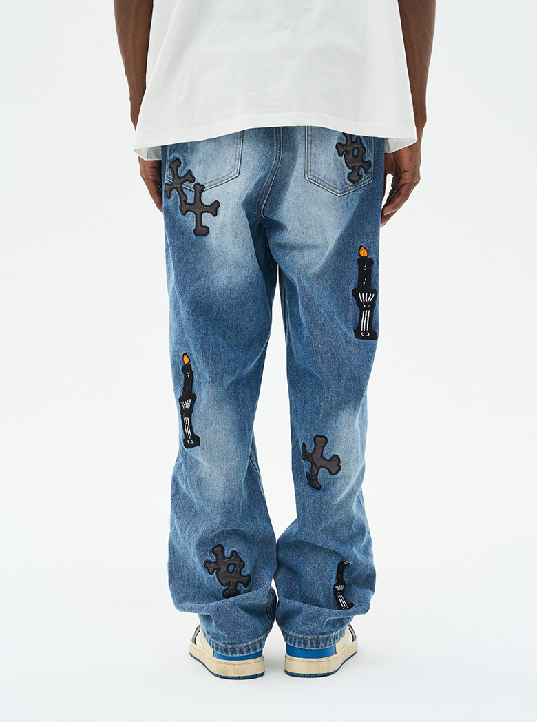 Harsh and Cruel Religious Candles Embroidered Denim