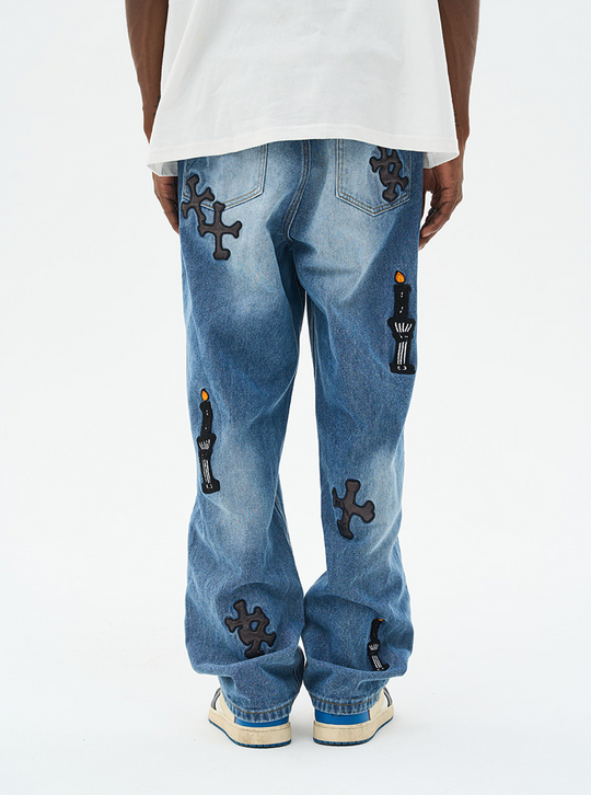 Harsh and Cruel Religious Candles Embroidered Denim