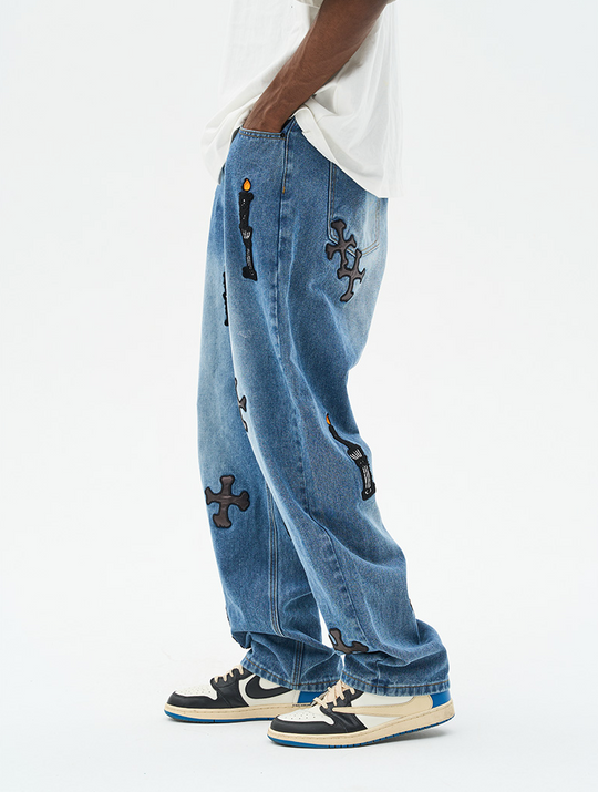 Harsh and Cruel Religious Candles Embroidered Denim