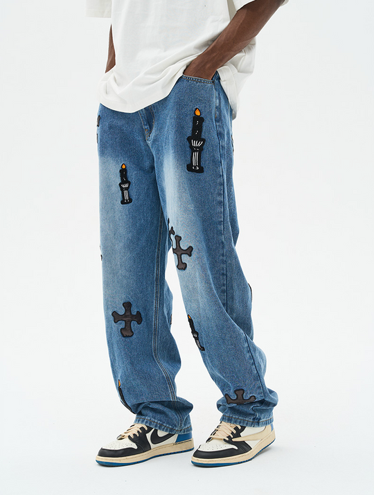 Harsh and Cruel Religious Candles Embroidered Denim
