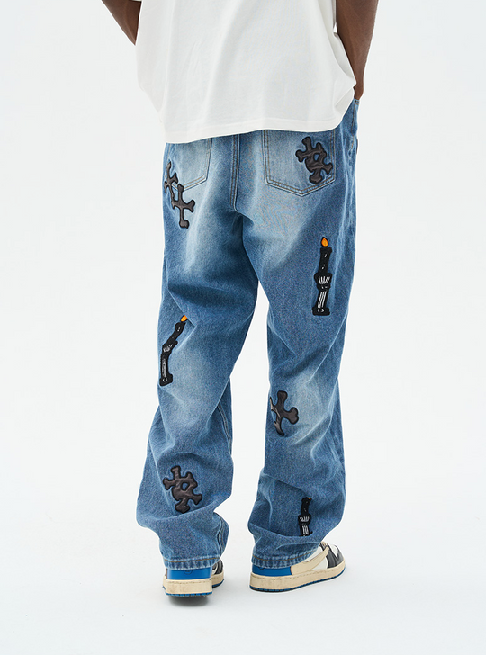 Harsh and Cruel Religious Candles Embroidered Denim