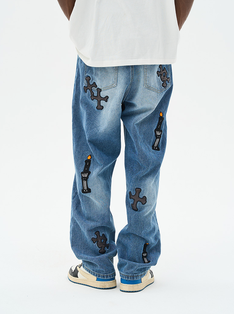 Harsh and Cruel Religious Candles Embroidered Denim