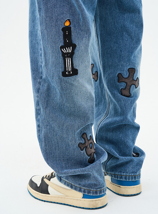 Harsh and Cruel Religious Candles Embroidered Denim