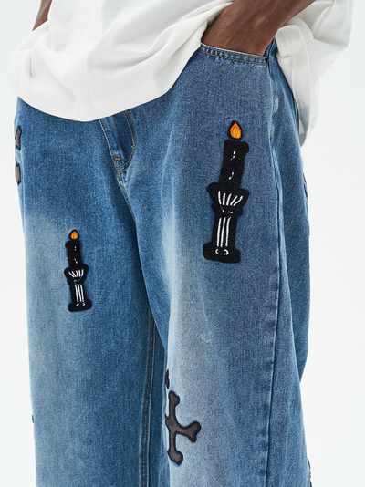 Harsh and Cruel Religious Candles Embroidered Denim