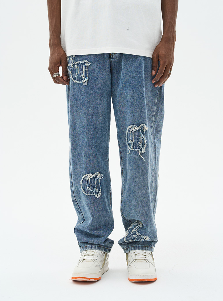 Harsh and Cruel Distressed Embroidered Gothic Logo Denim
