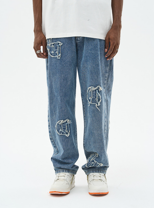 Harsh and Cruel Distressed Embroidered Gothic Logo Denim