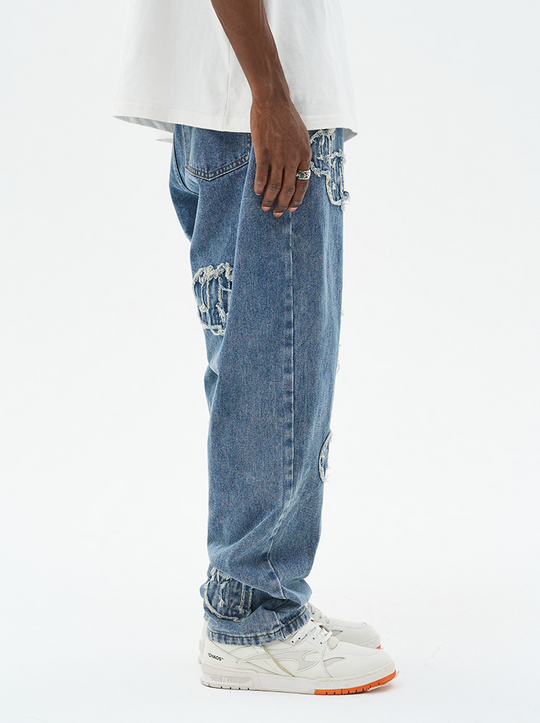 Harsh and Cruel Distressed Embroidered Gothic Logo Denim