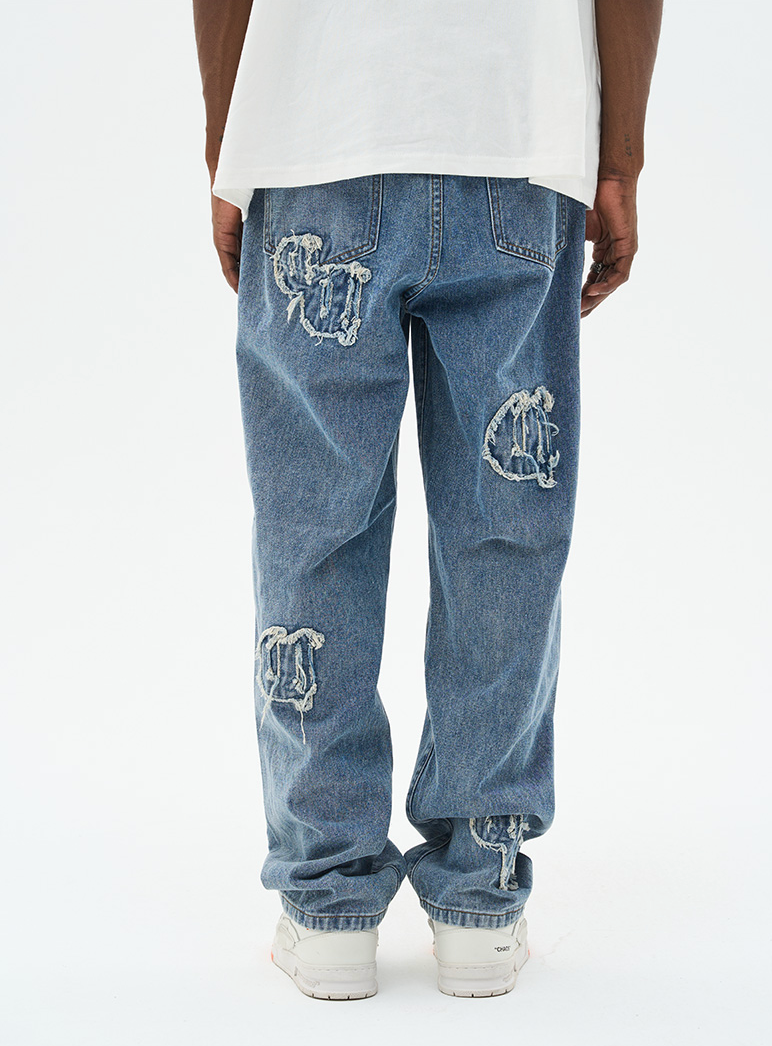 Harsh and Cruel Distressed Embroidered Gothic Logo Denim