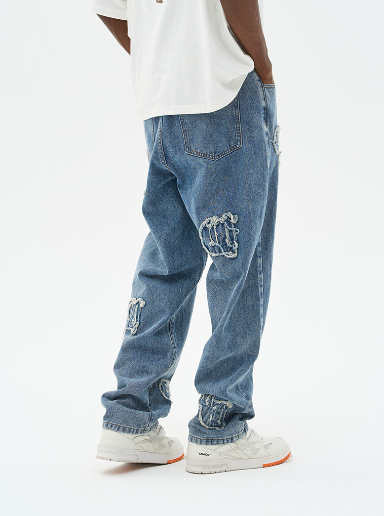 Harsh and Cruel Distressed Embroidered Gothic Logo Denim