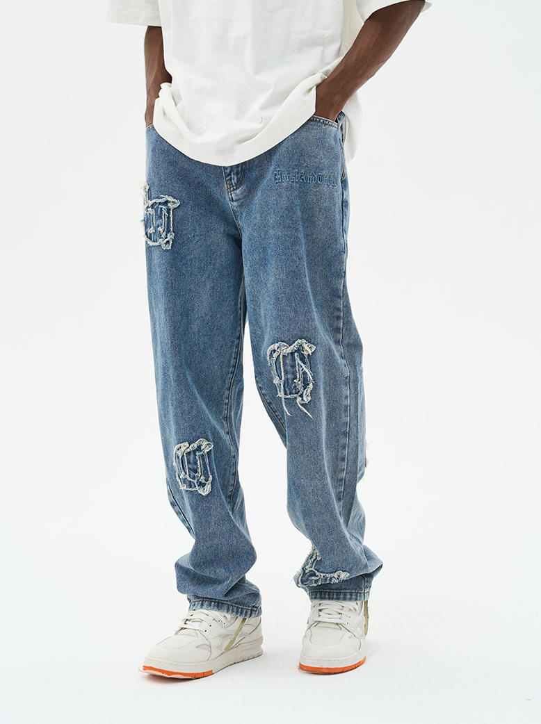 Harsh and Cruel Distressed Embroidered Gothic Logo Denim